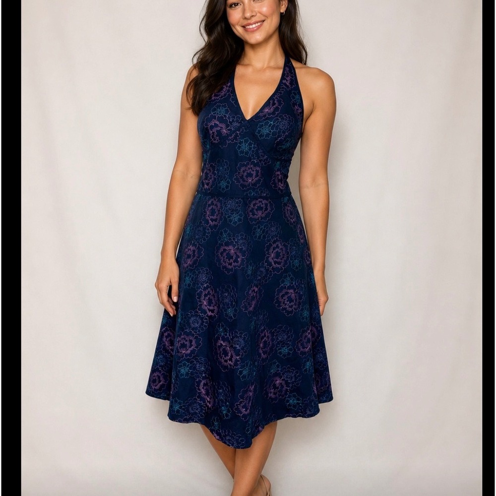 Amanda Smith Petite Vintage Y2K Navy Floral Embroidered Halter Dress 10P Cotton - Picture 1 of 8